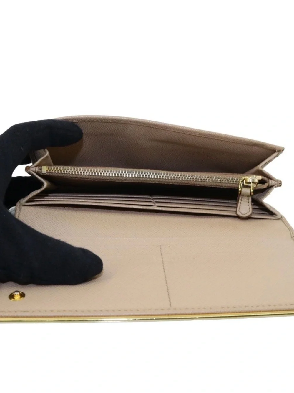 Prada Taupe Saffiano Leather Long Wallet with Gold Hardware